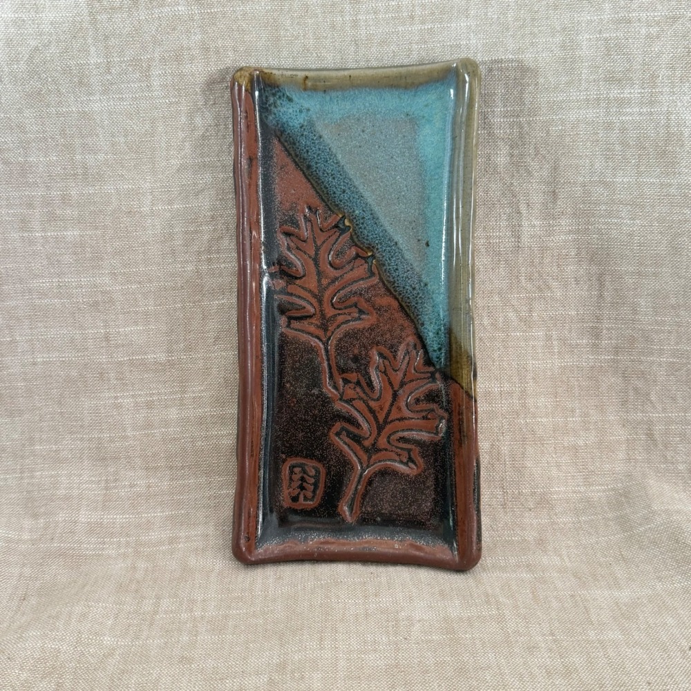 Blue Spruce Pottery 1998 Signed Studio Ceramic Oak Leaf Tray Turquoise Brown